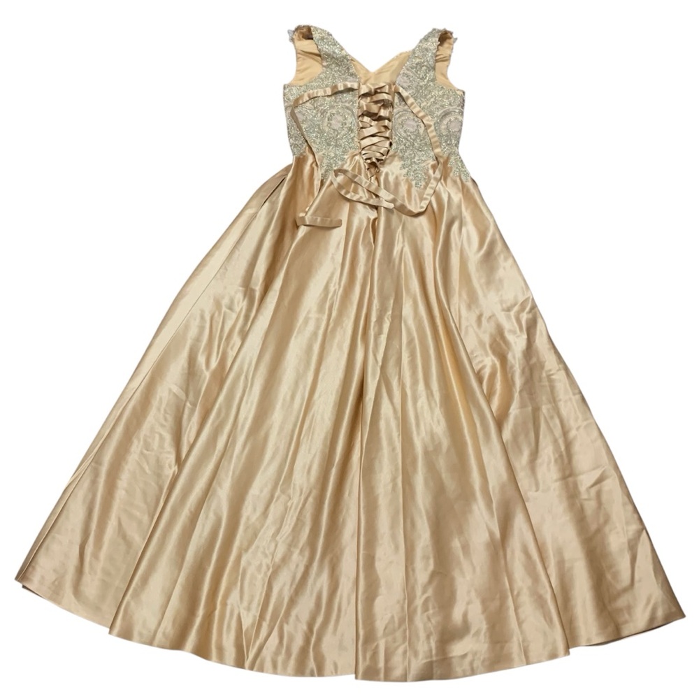Elegant Golden Evening Dress Lace Party Women’s Size M Maxi Dress V Neck - Picture 2 of 10